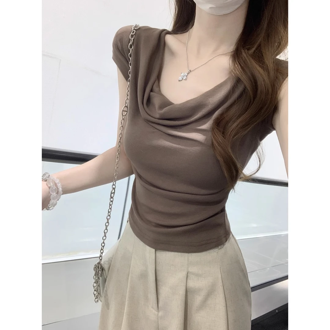 高级感纯欲气质荡领显瘦设计感短袖T恤女春夏新款堆堆领别致上衣