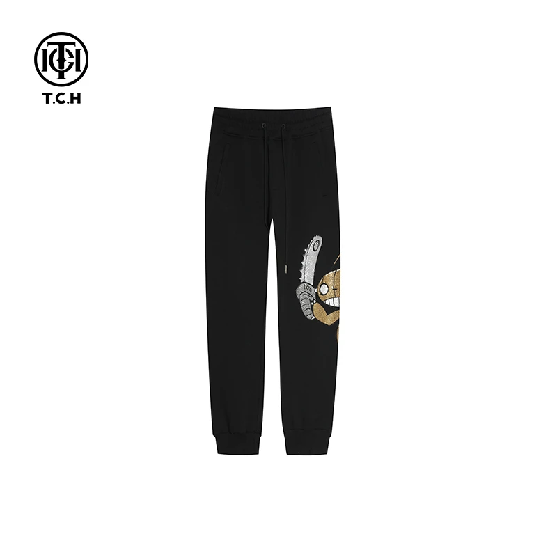奥莱-TCH时尚潮牌大嘴蚂蚁烫钻黑色束脚长裤男女同款T21120C6035