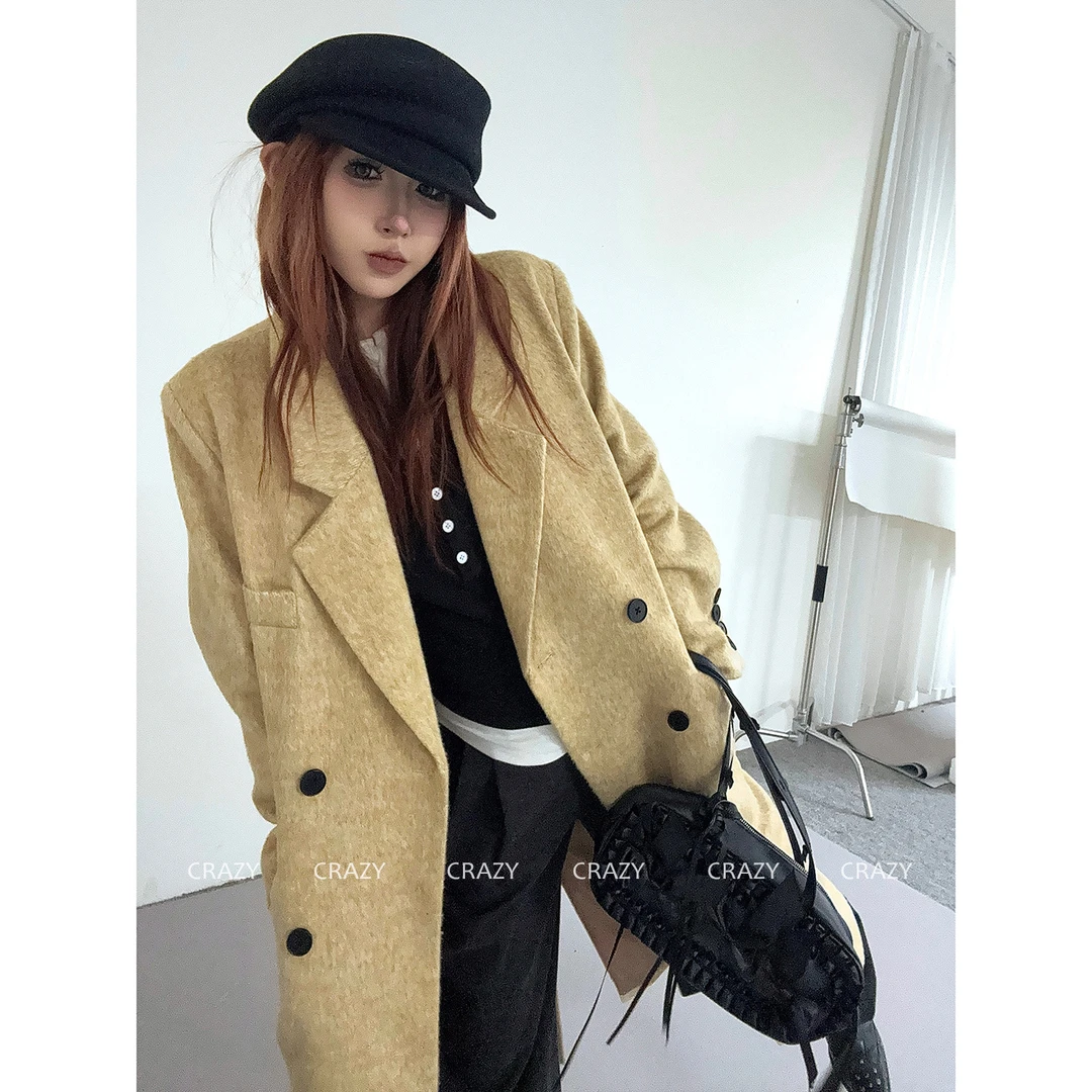 秋冬温柔气质慵懒羊毛呢大衣女长款双排扣正肩高级感廓形呢子外套