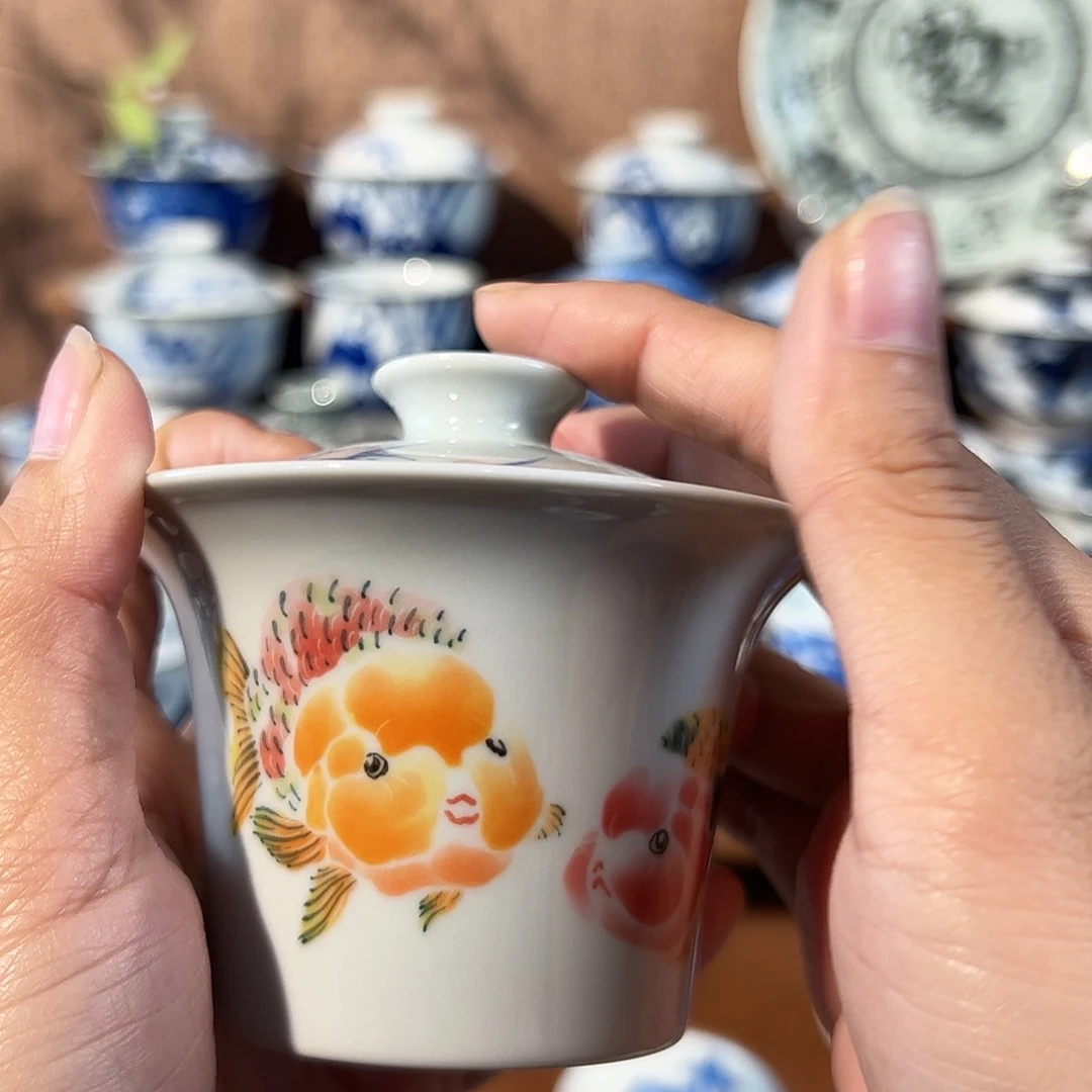 泥藝瓷梦金鱼盖碗