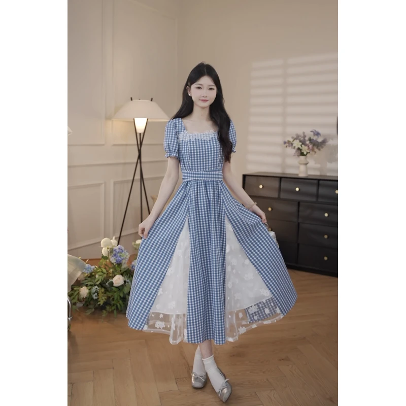 鹿向南「米兰旧刊」韩系甜美格纹女夏季新款方领收腰修身蓝色连衣裙