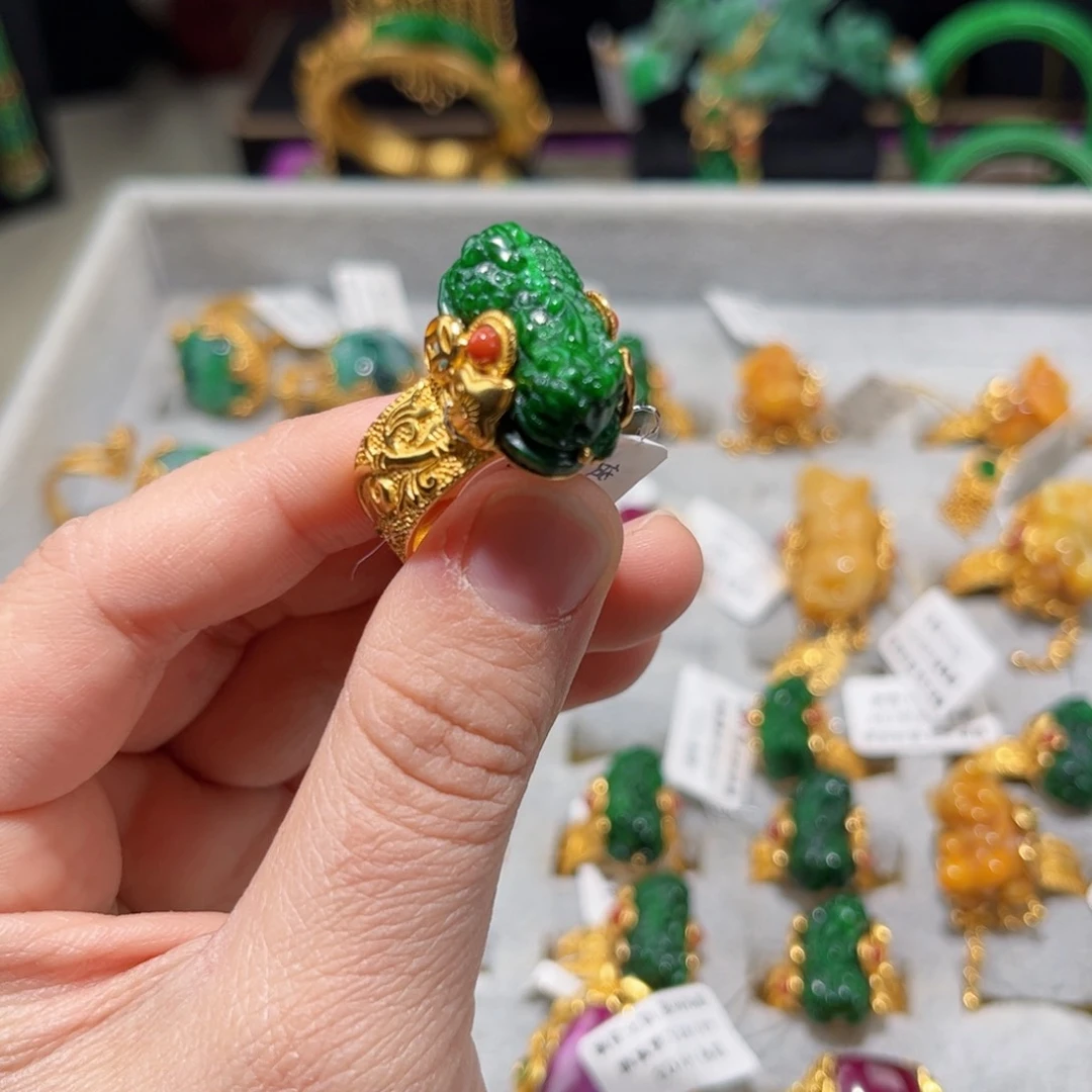 【闪购商品】翡翠戒指银S925镀金镶嵌 貔貅