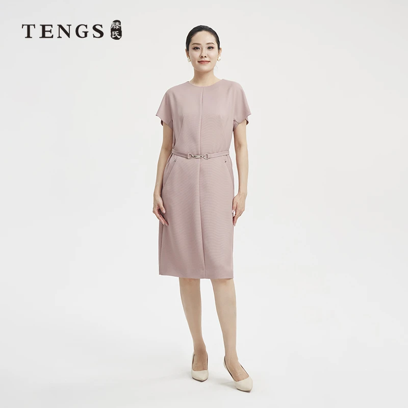 夏季新款简约优雅立体剪裁干枯玫瑰色短袖连衣裙