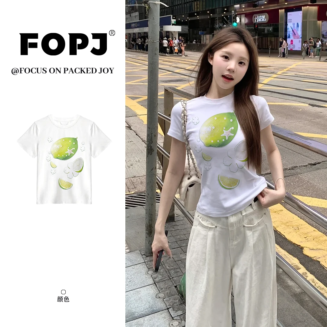 FOPJ夏季新款柠檬印花正肩短袖t恤设计感修身显瘦百搭圆领上衣女