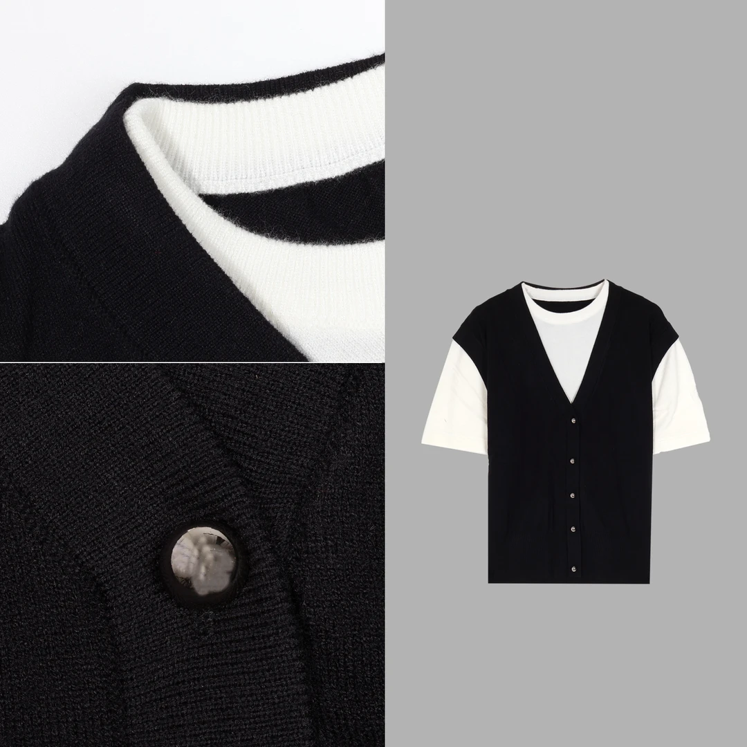 凯特丝蓓1839#设计感假两件撞色拼接短袖圆领单排扣针织衫短袖