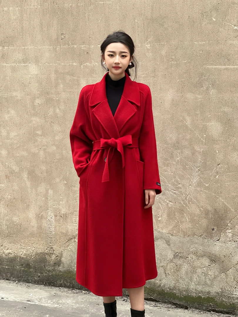 LOERVEER洛薇拉两粒扣中长款双面呢女士大衣韩版遮肉外套24221