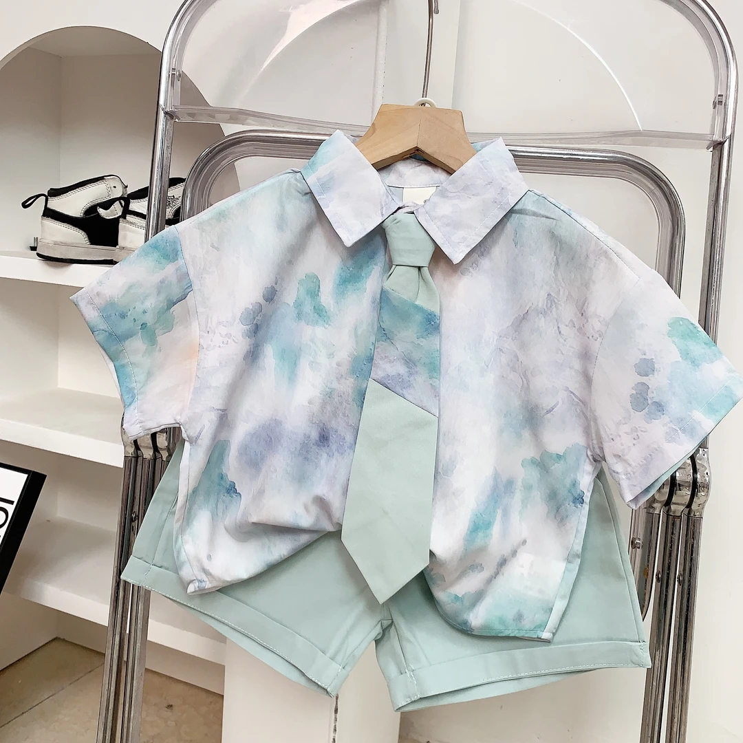 儿童夏款衬衫套装男童薄款透气短袖衬衫领带短裤套装韩系度假风帅