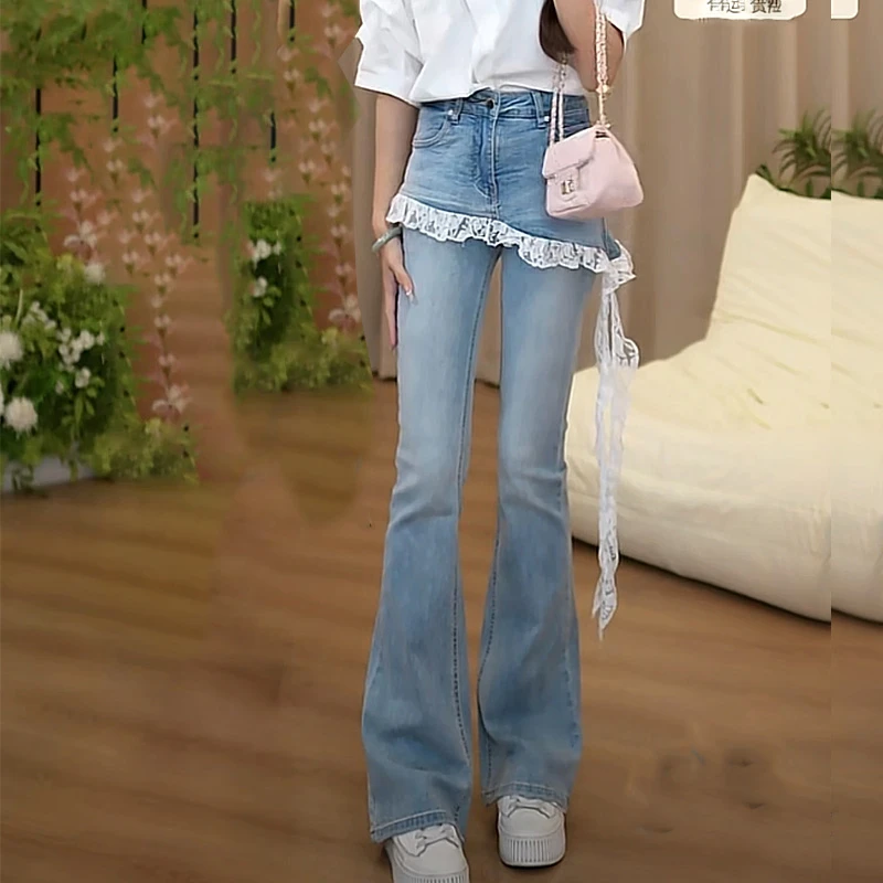 飘逸蕾丝花边微喇牛仔裤女2025春夏款假两件仙女飘逸显瘦长裤女