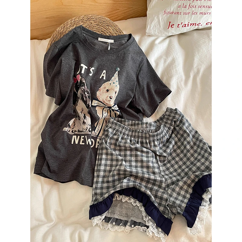 【蝴蝶结小狗】韩系甜美简约风睡衣女爆款短袖短裤家居服套装可外穿