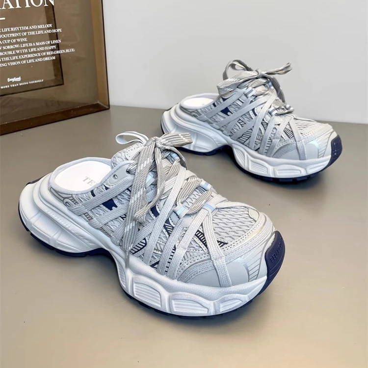 轻奢鞋子女款爆款2025新款明星同款绑带半拖老爹鞋ins街头包头拖