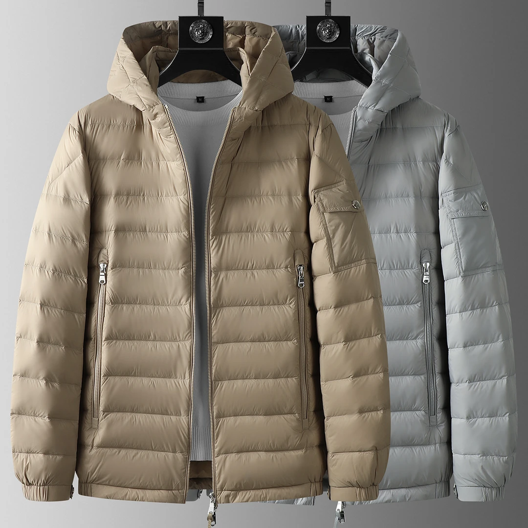 高端时尚蓬松保暖冬季新款轻薄连帽羽绒服男士白鸭绒休闲百搭外套