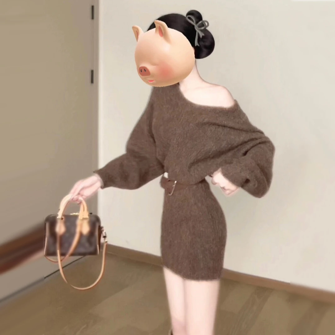 法式绿色一字肩毛衣针织连衣裙子女秋冬季2025新款慵懒风包臀短裙