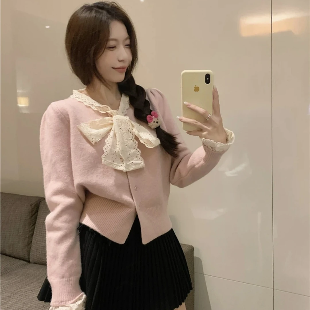 鑫-法式蕾丝蝴蝶结小香风毛衣外套新款甜美修身针织开衫