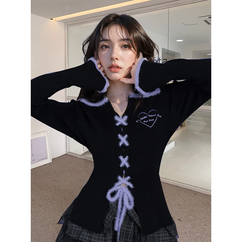 黑紫甜酷修身针织衫开衫显瘦纯欲百搭半身裙短裙两件套装女秋季