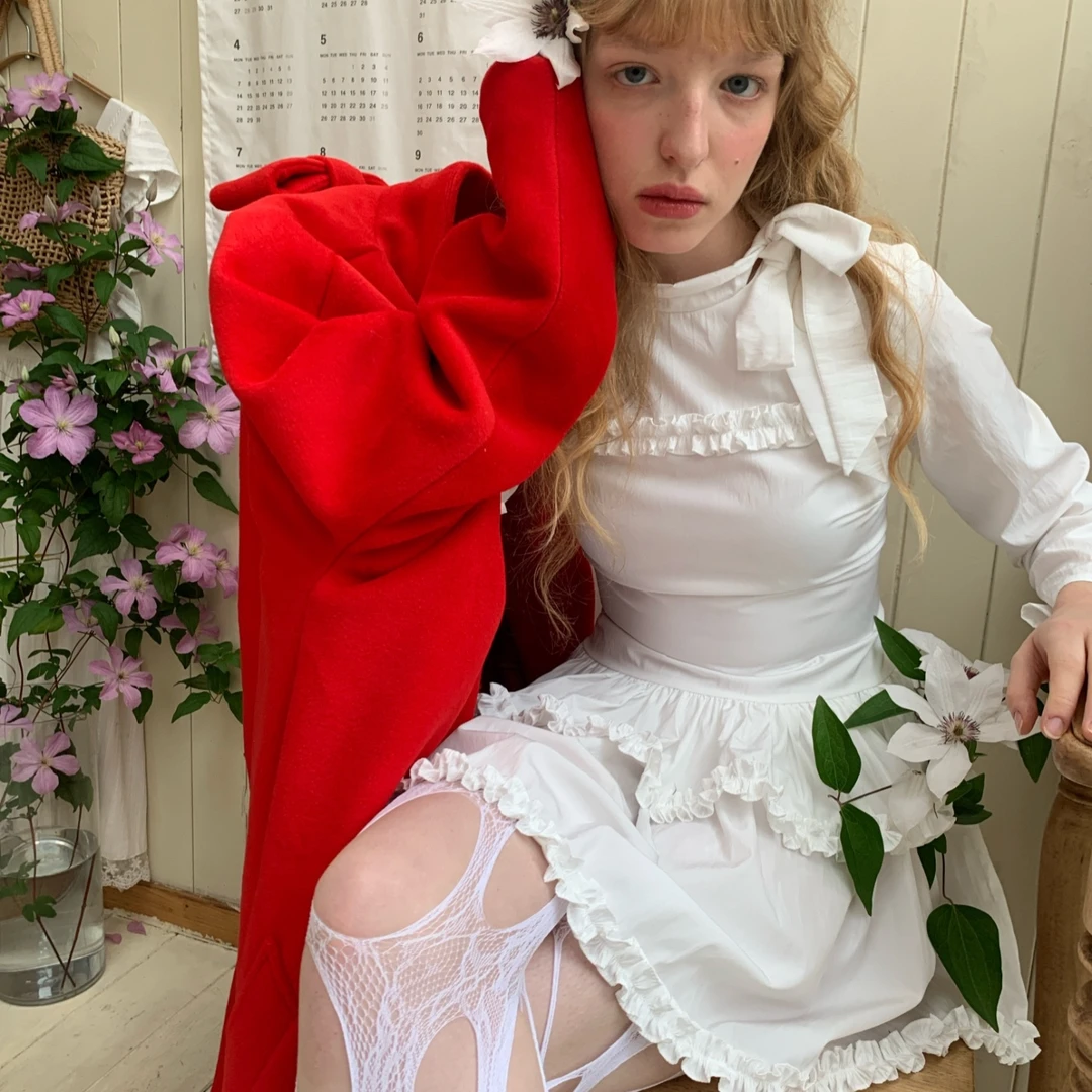 Morn isle*井文昭质系列浪漫少女感蝴蝶结系带领木耳边长袖连衣裙