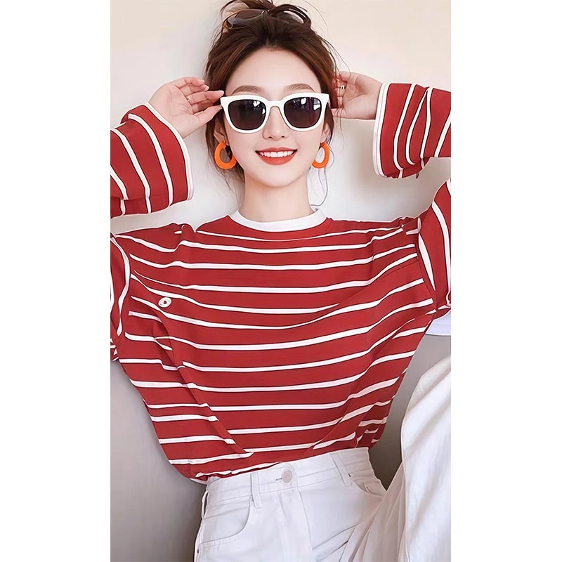 法式爆款圆领内搭条纹打底衫上衣女2025春秋新款时尚小众百搭T恤