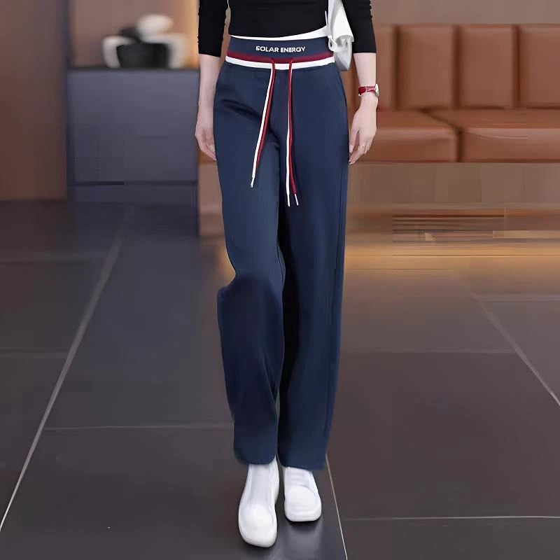 设计感撞色抽绳休闲阔腿裤女高腰显瘦宽松百搭直筒裤(C5-4)828