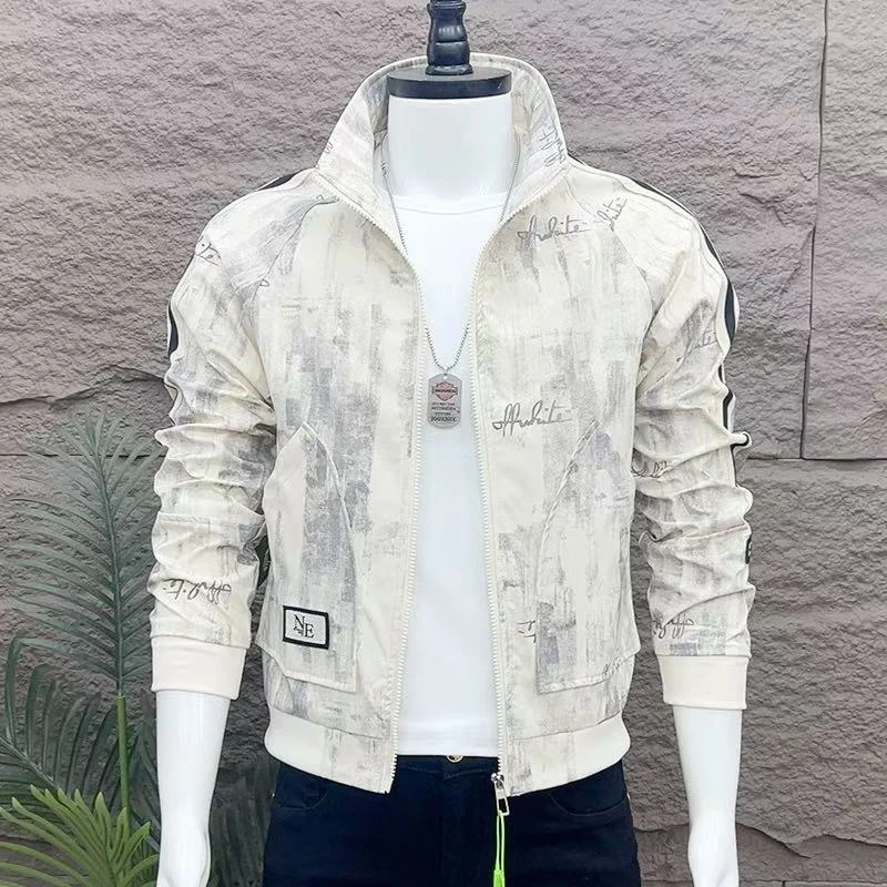 春季复古花纹新款男士时尚休闲百搭洋气外套修身潮流男装外套痞帅