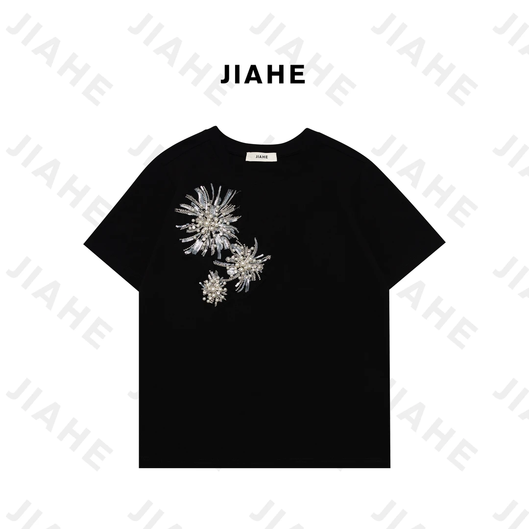 【珈禾】’艳花‘深圳南油轻奢立体绣花重工原创设计短袖2025春夏