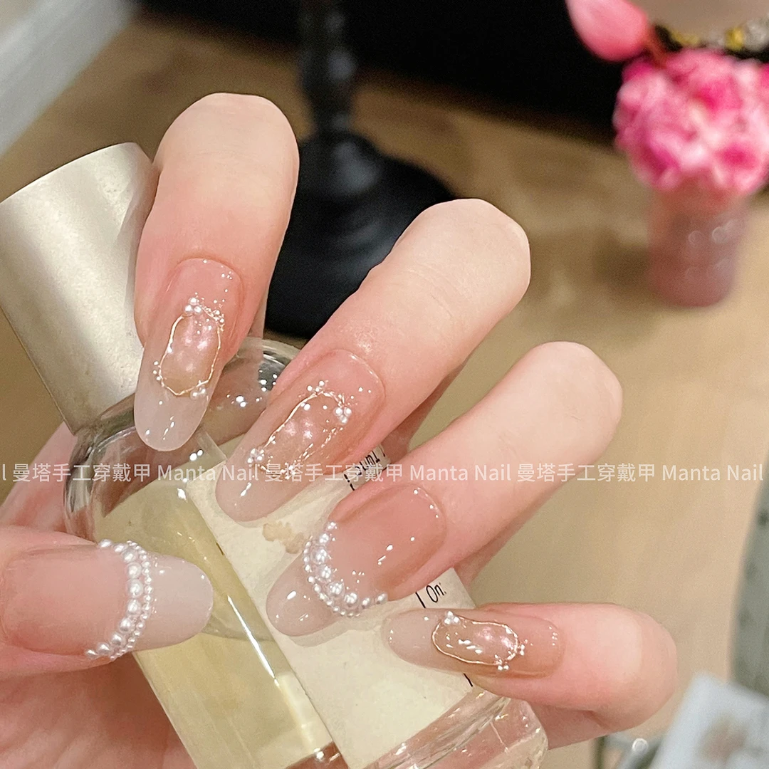 少女巴洛克｜珍珠法式猫眼粉色纯欲甜美纯手工穿戴甲