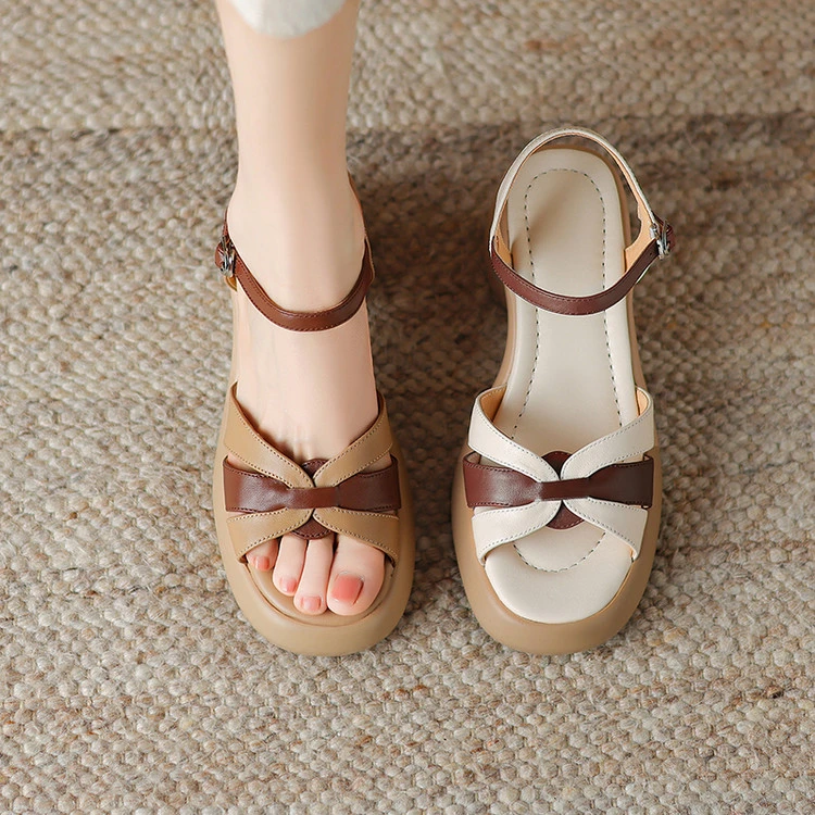 轻奢鞋子防水仙女拼色高跟罗马鞋露趾夏季新款粗跟真皮凉鞋女