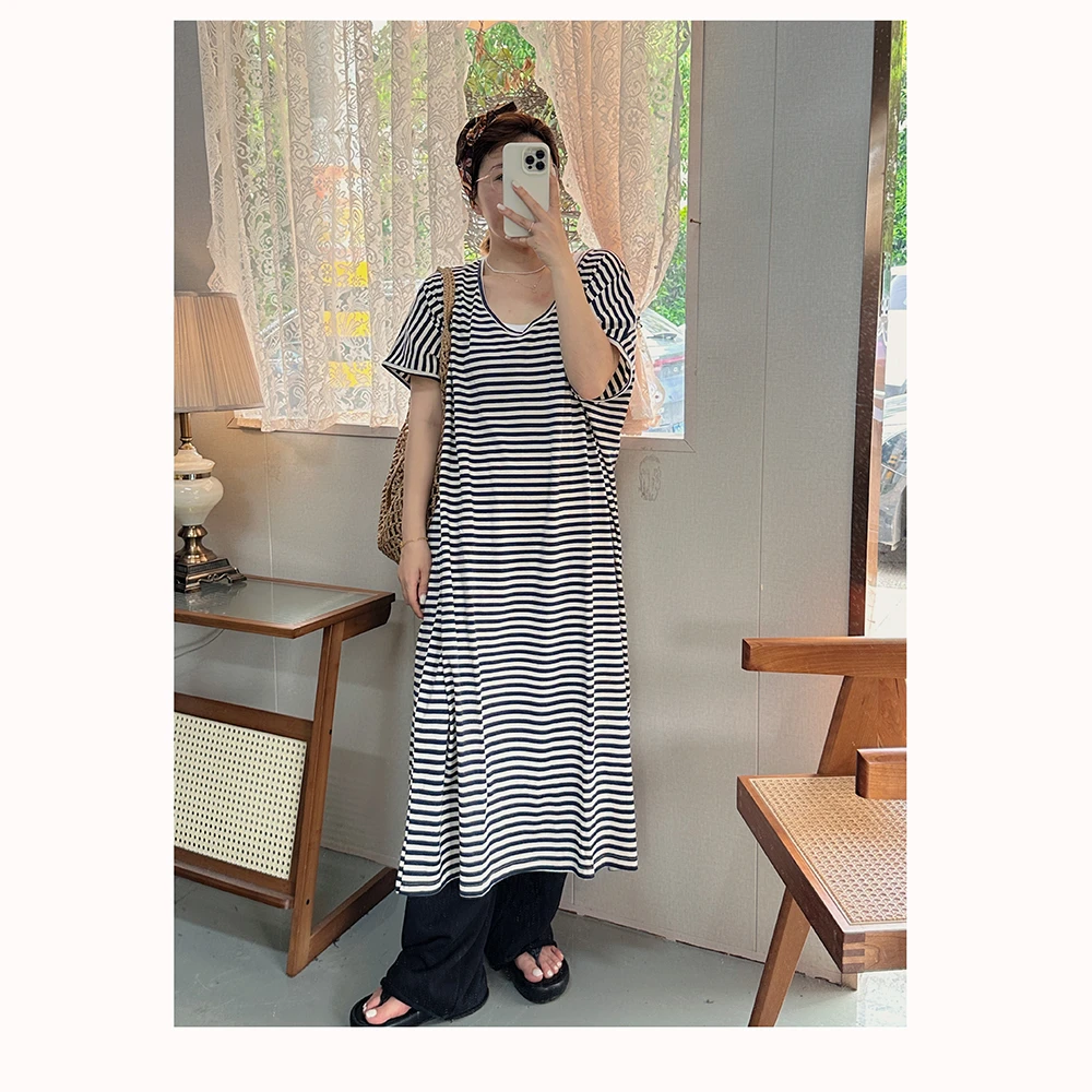 ZM207 夏季新款宽松长款U型领条纹连衣裙女