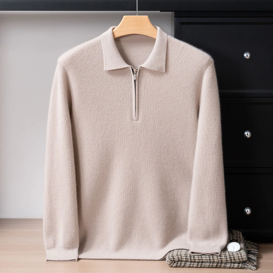 100%纯山羊绒秋冬新款男士半拉链翻领加厚针织衫打底毛衣