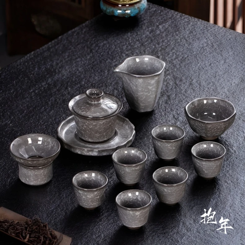 功夫开片茶具黑冰陶瓷轻奢套装冰花整套盖碗办公室高档家用冰裂纹