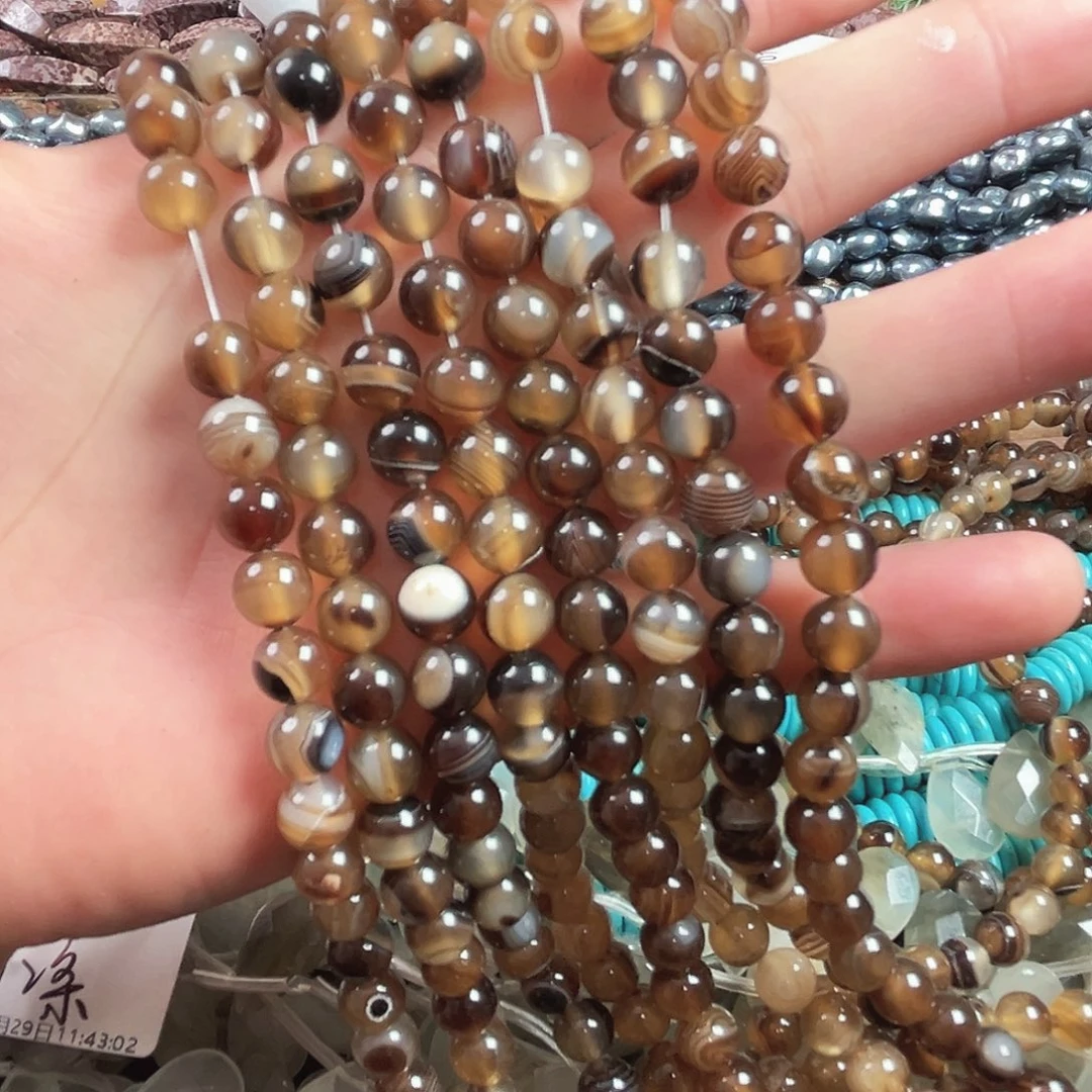 玛瑙/玉髓合金珠宝半成品A696，浅咖缠丝玛瑙圆珠一条8mm