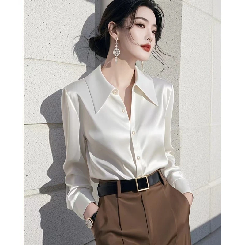 法式白色缎面衬衫女秋季新款高级感轻奢职业宽松时尚减龄气质上衣