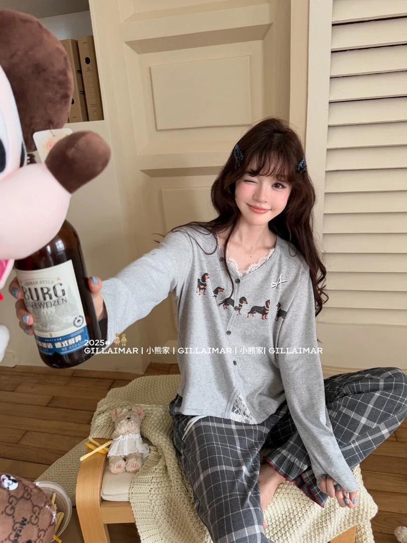 Gill Aimar小熊家 珍妮小狗长袖睡衣卡通格子家居服少女韩版