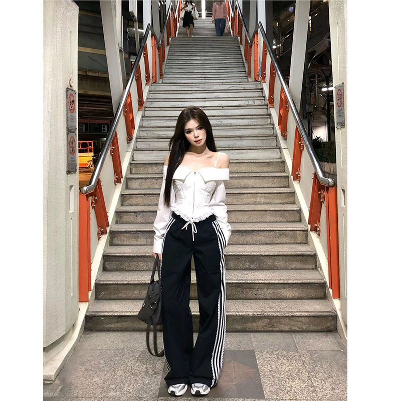 2025春季新款纯欲风辣妹吊带背心长袖上衣高腰长款裤子时尚两件套