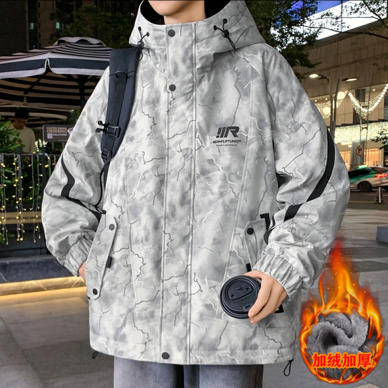 冬季新款男连帽夹克青少年加绒加厚保暖时尚百搭休闲开衫外套上衣