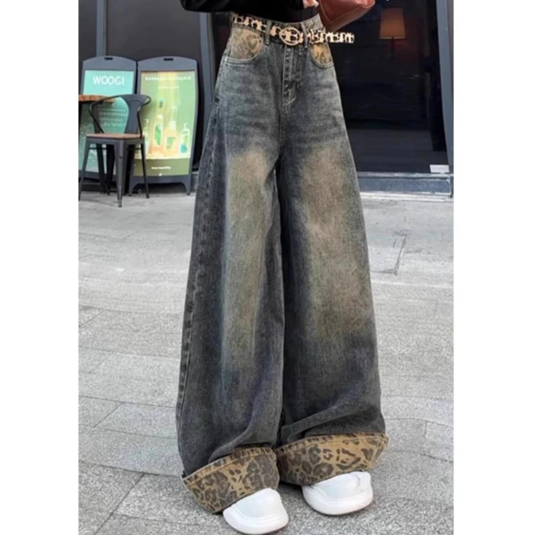 复古高街豹纹翻边直筒牛仔裤女2025春季新款宽松显瘦百搭阔腿裤子