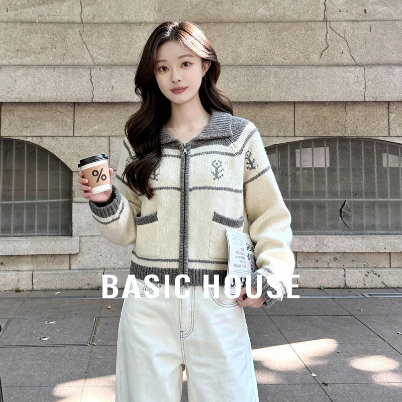 Basic House/百家好时尚费尔岛花纹翻领针织开衫毛衣-B0625B5PIS2