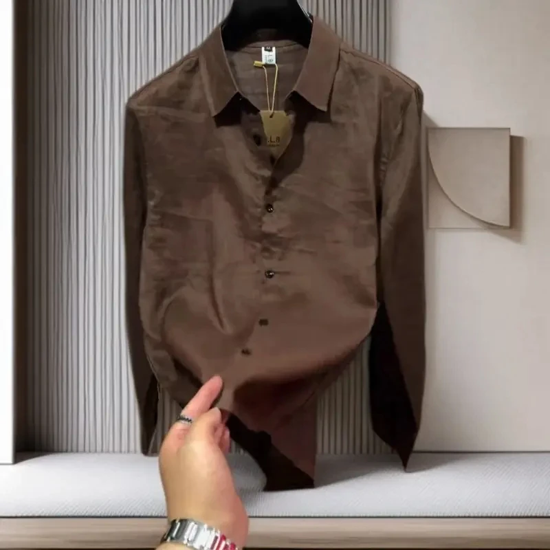 秋季新款男士纽扣衬衫纯色薄款修身高品质时尚欧货轻奢百搭痞帅
