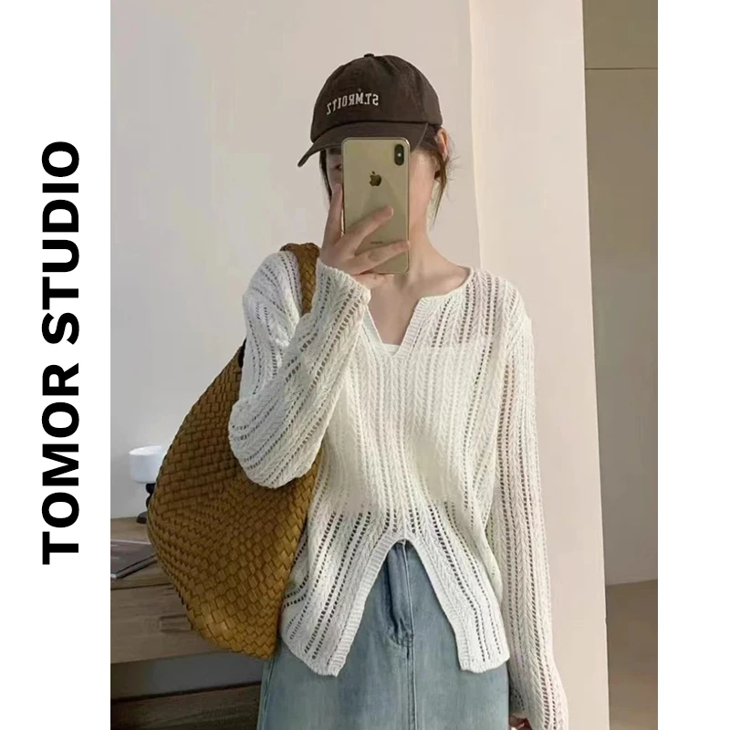 不规则开叉针织衫女新款百搭设计感小众V领镂空外穿上衣薄款 A20