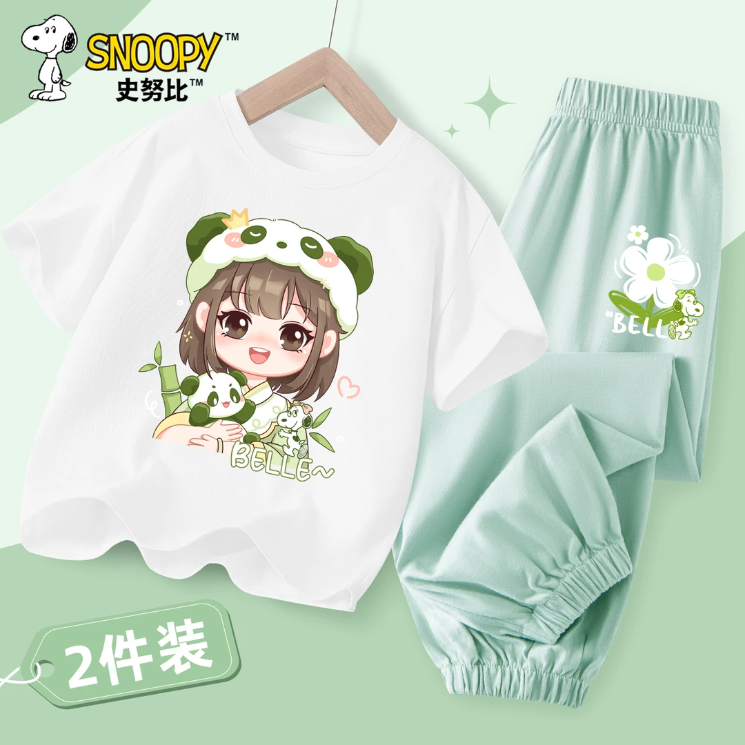 史努比女童夏装套装2025新款洋气时髦短袖儿童夏季纯棉透气童装潮
