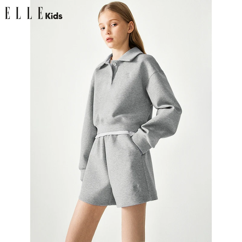 ELLEkids学院风刺绣空气层套装女儿童春季翻领短款卫衣+短裤S1