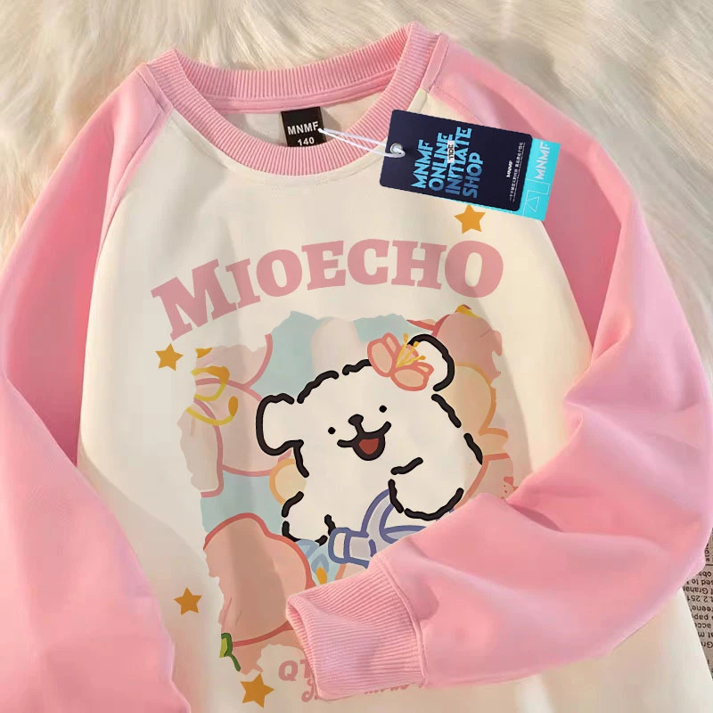 韩版时尚女童插肩圆领卫衣冬季新款可爱线条小狗宽松百搭学生上衣