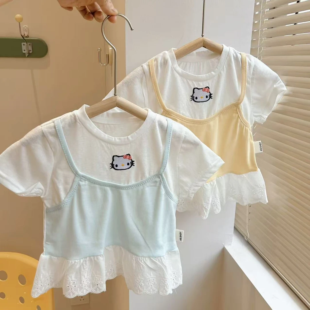 Z202 女童 女宝宝 夏季 纯棉 T恤 圆领 卡通 上衣 可爱 公主 蕾丝