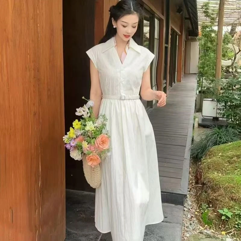 哥弟阿玛施正翻领连衣裙夏季韩系收腰无袖长裙泡泡袖小众裙子拼接