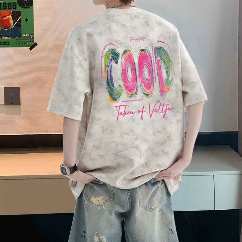 美式复古纯棉扎染短袖t恤男士潮流高街宽松大码半袖青少年上衣夏