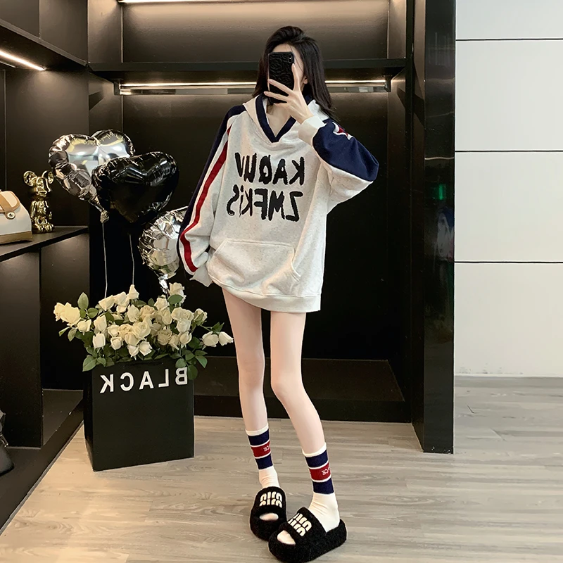 网红洋气炸街条纹连帽卫衣女秋冬慵懒复古韩版休闲显瘦外套上衣潮