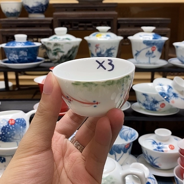 手绘五彩荷花水缸杯三个装釉下彩高温瓷微瑕福利款