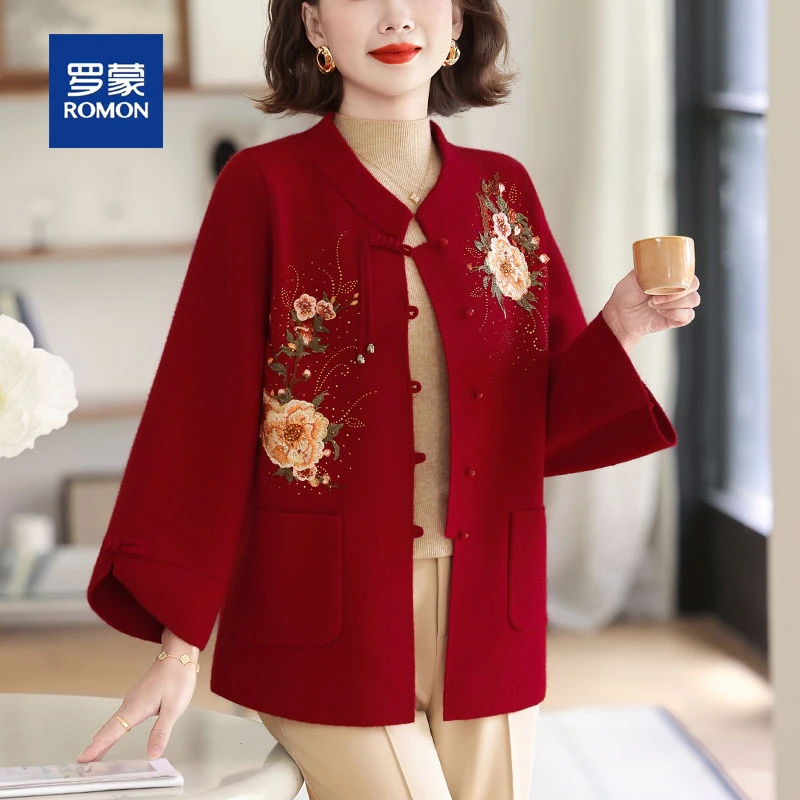 罗蒙妈妈秋装高贵呢子外套新款中老年女装国风喜婆婆婚宴毛呢上衣