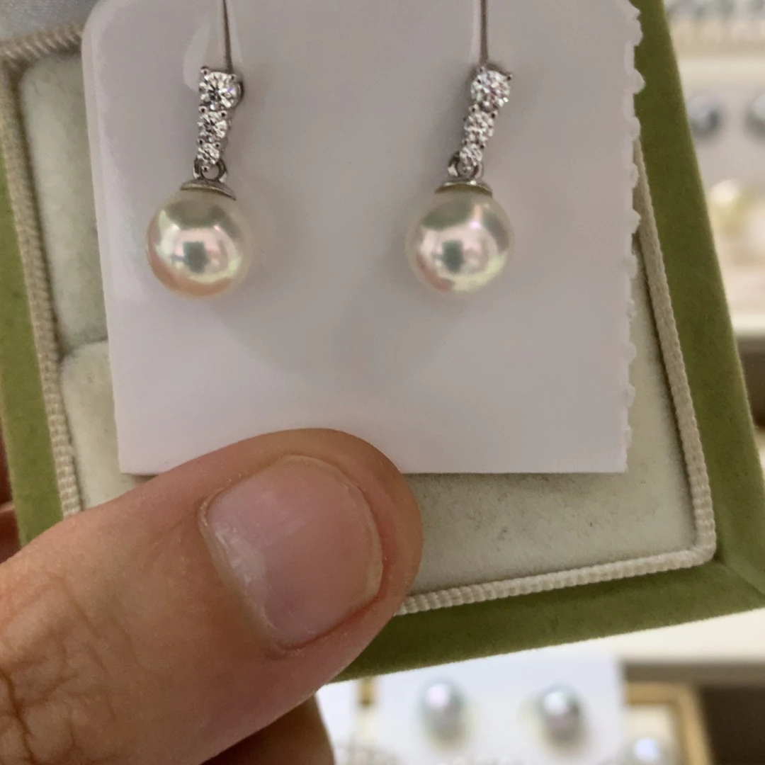 银S925镶嵌海水珍珠耳饰7.5-8akoya王妃耳坠