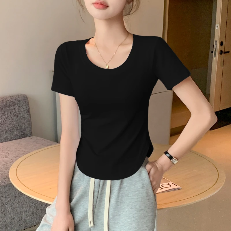 莫代尔黑色圆领短袖t恤女夏冰丝下摆弧形正肩短款设计感小众上衣