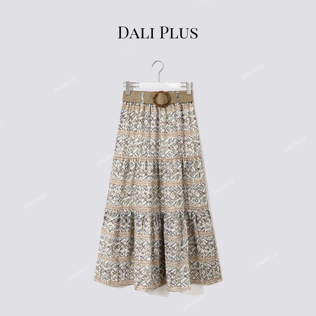 DALI PLUS波西米亚复古印花亚麻松紧腰拼接色半身裙-D5CH4321