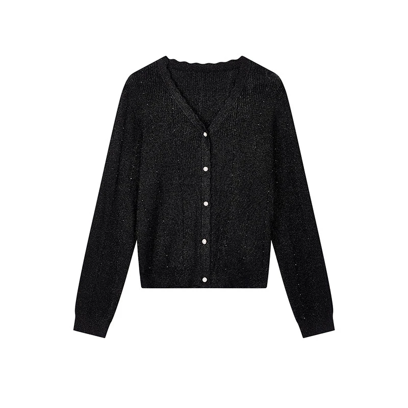 【达人专属】亮丝烫钻V领设计感针织开衫W5529